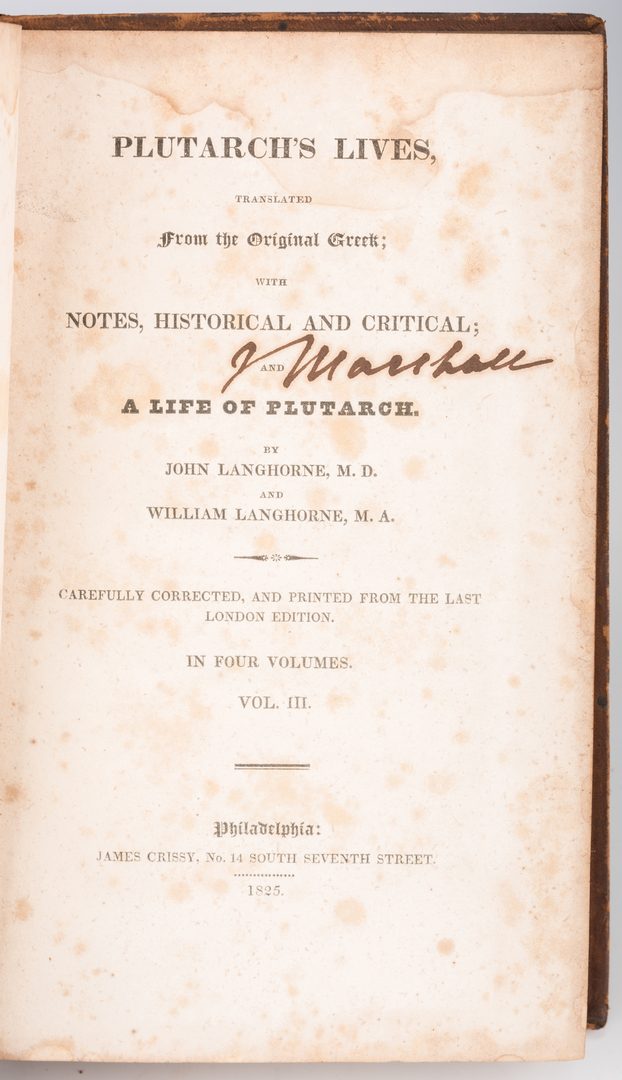 Lot 262: John Marshall Signed 4 Volume Book Set: Plutarch’s Lives