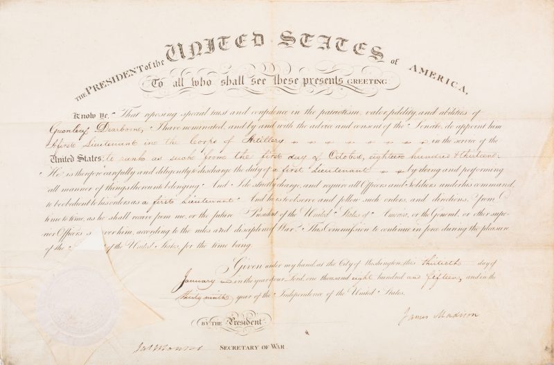 Lot 269: Presidents Madison & Monroe Signed Military Appt. of Greenleaf Dearborn