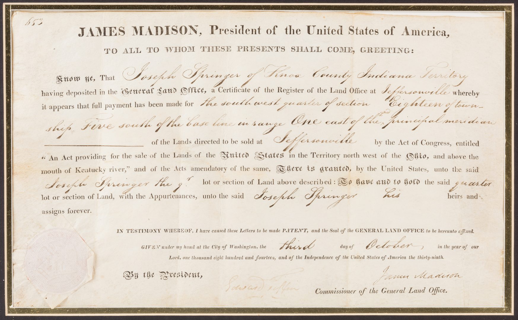 Lot 270: James Madison Signed Land Grant