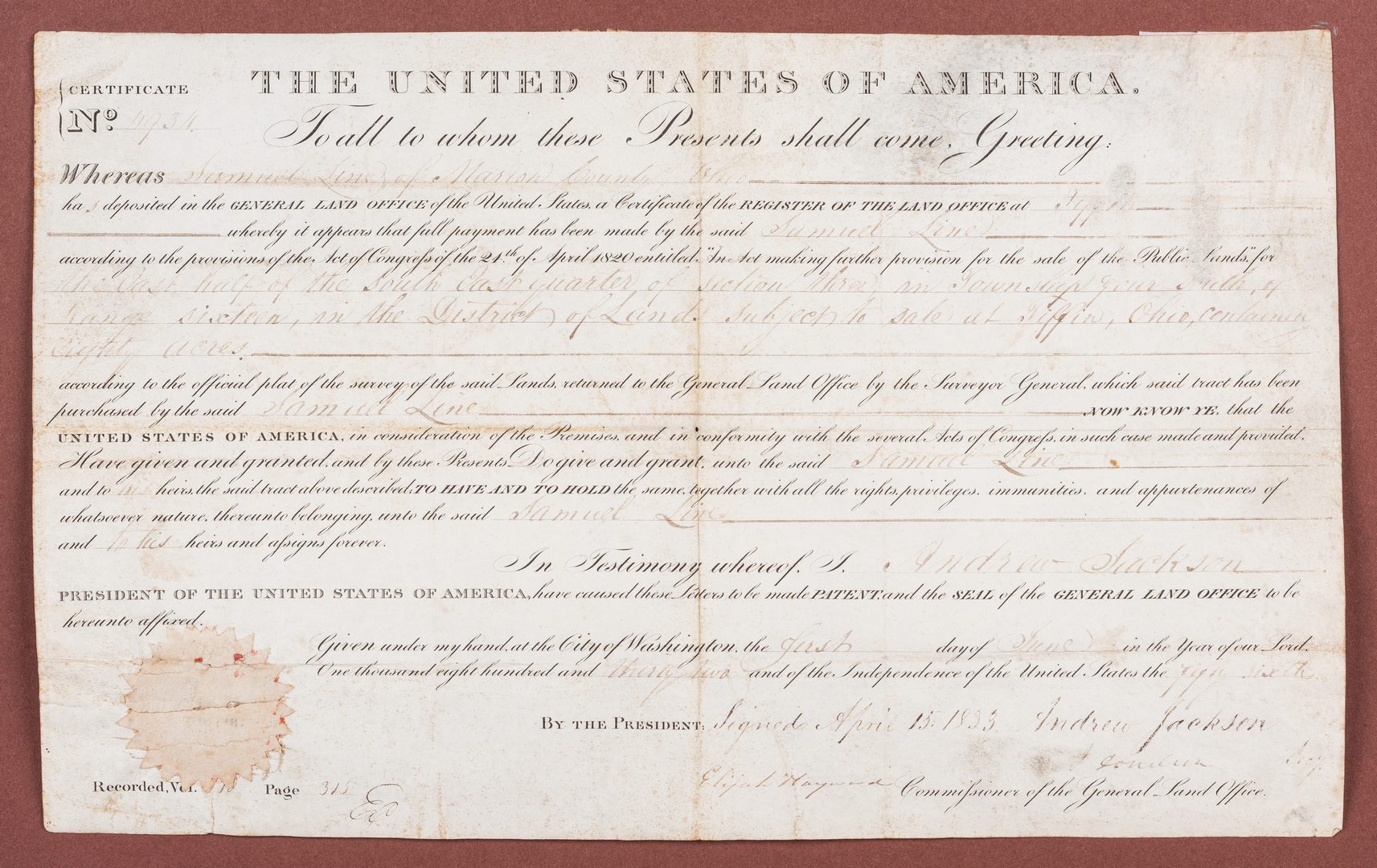 Lot 273: 2 Andrew Jackson Ohio Land Grants, 1 Signed