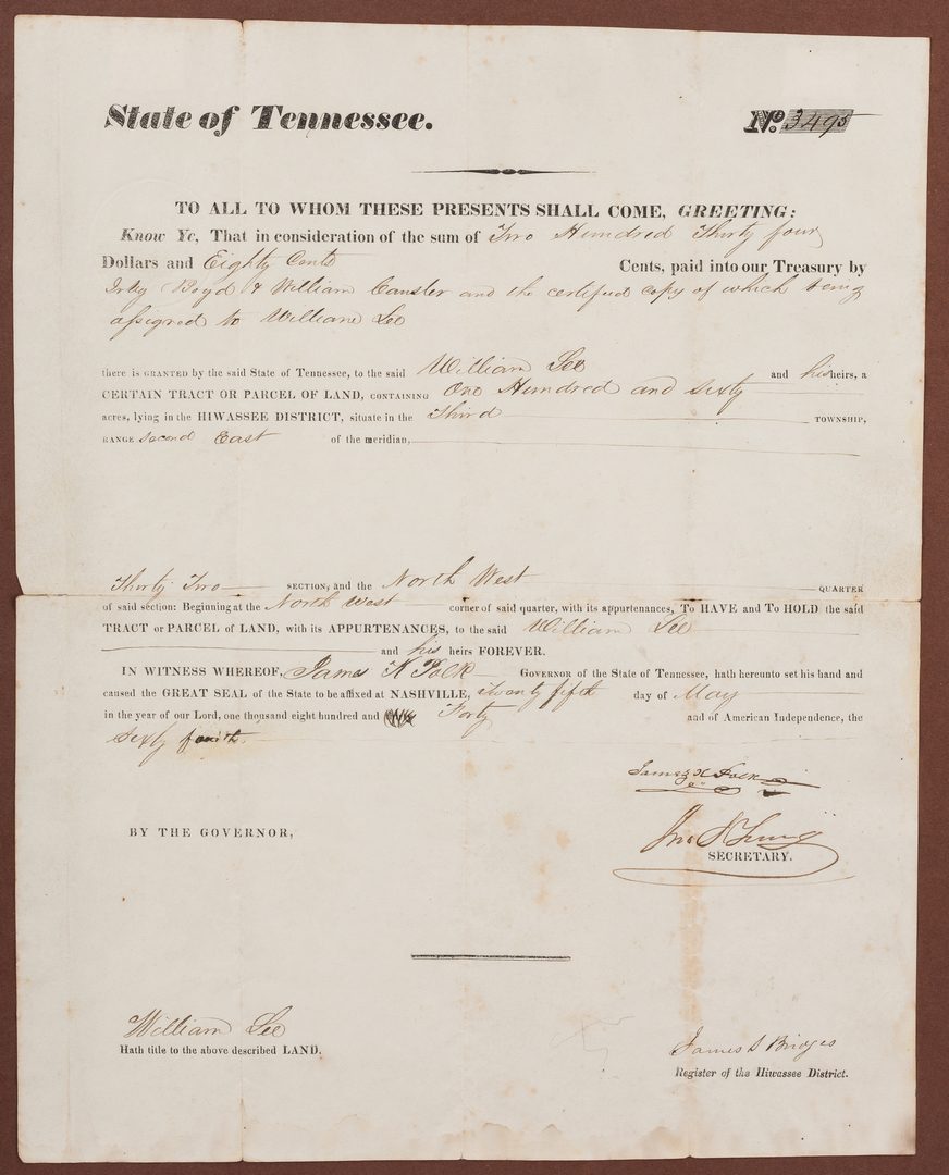 Lot 276: James K. Polk Governor Signed Land Grant