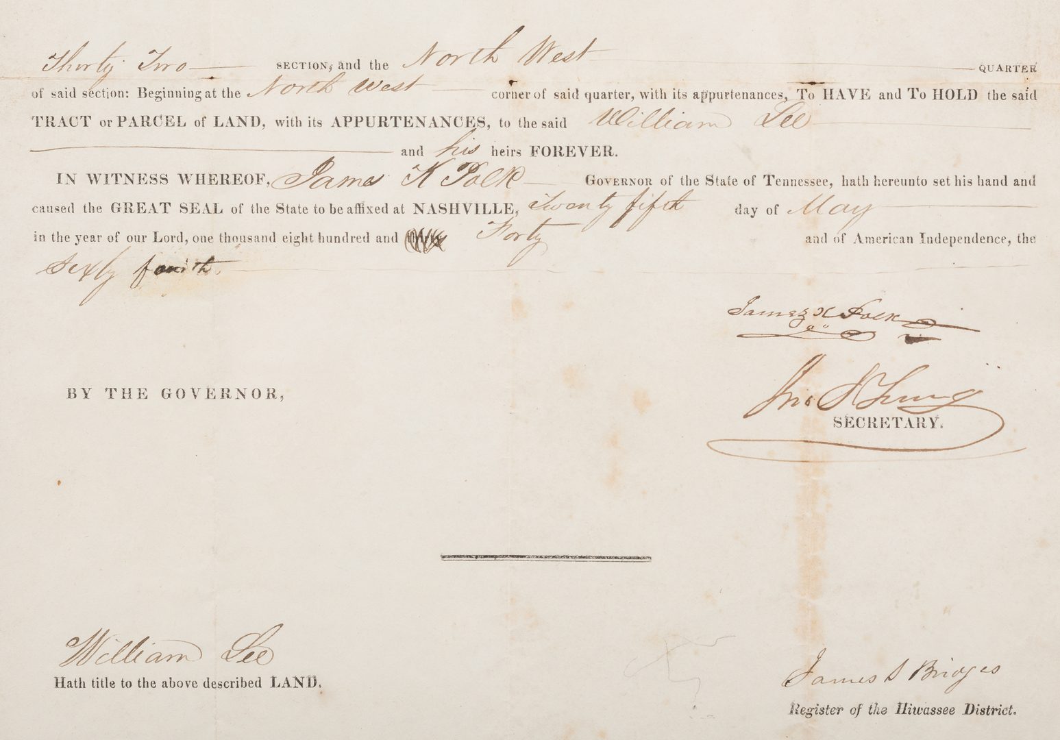 Lot 276: James K. Polk Governor Signed Land Grant