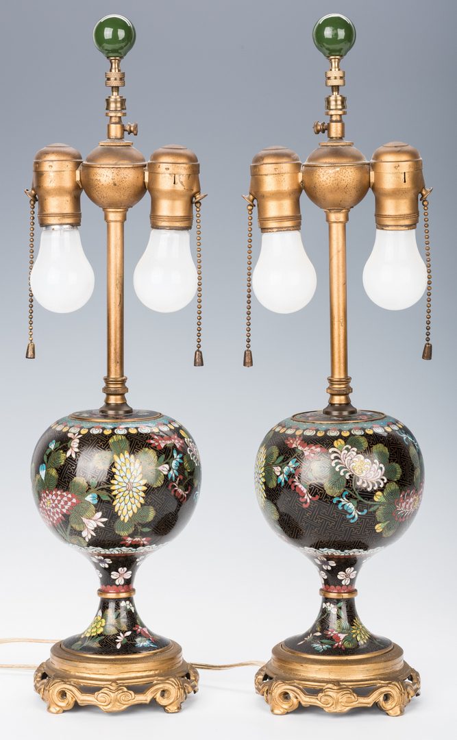 Lot 30: Pr. Chinese Cloisonne Lamps; Blue/White Porcelain Lamp, 3 items total