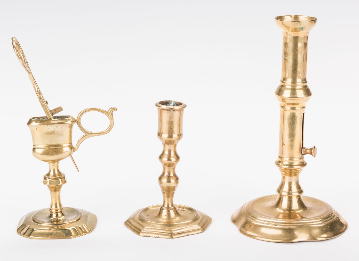 Lot 319: 6 Brass Candlesticks plus Snuffers and Stand