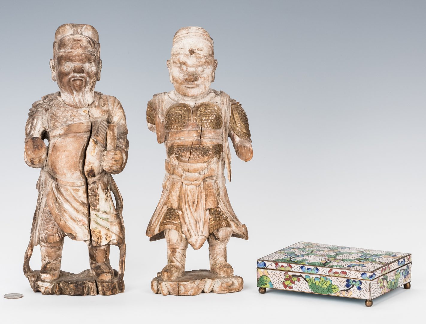 Lot 348: Chinese Cloisonne Box & 2 Carved Warrior Figures