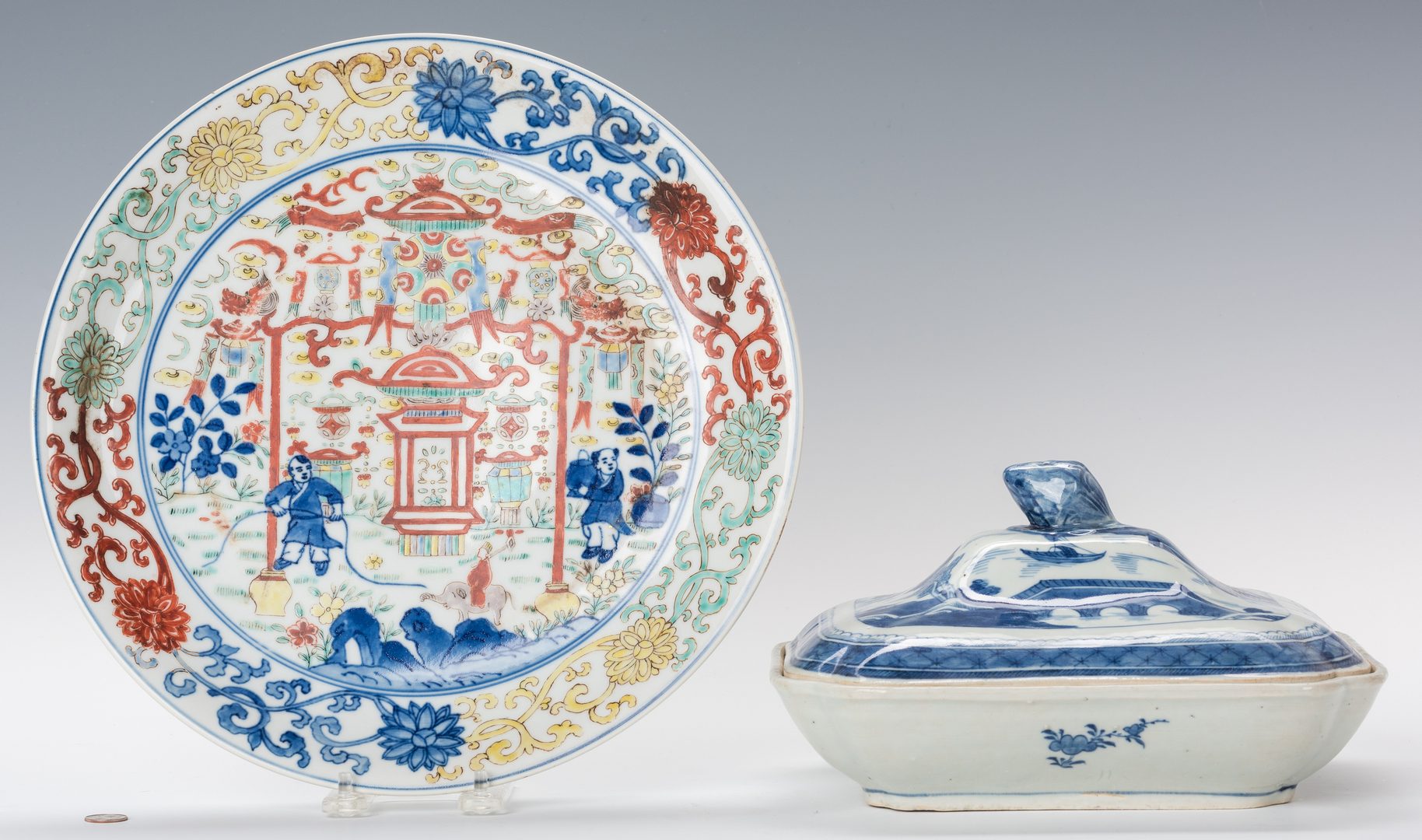 Lot 363: 2 Chinese Porcelain Items, Charger & Covered Dish