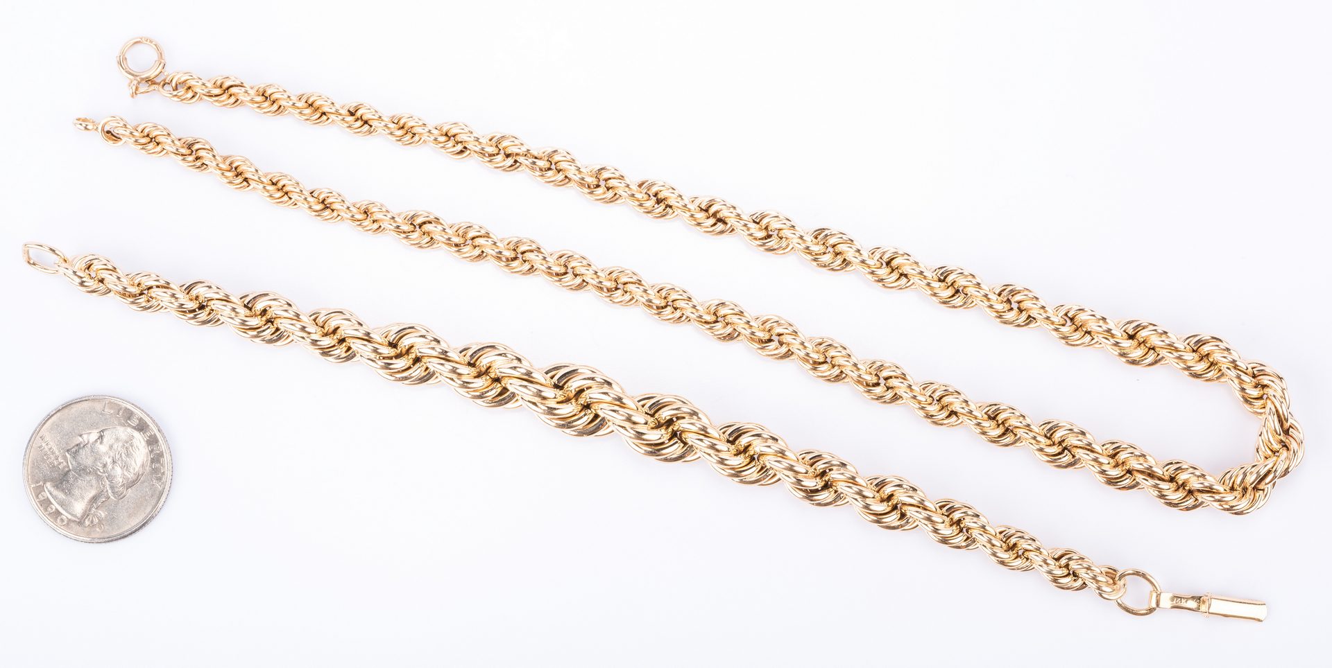 Lot 374: 14K Rope Chain and Bracelet. 38.6 grams, 2 items