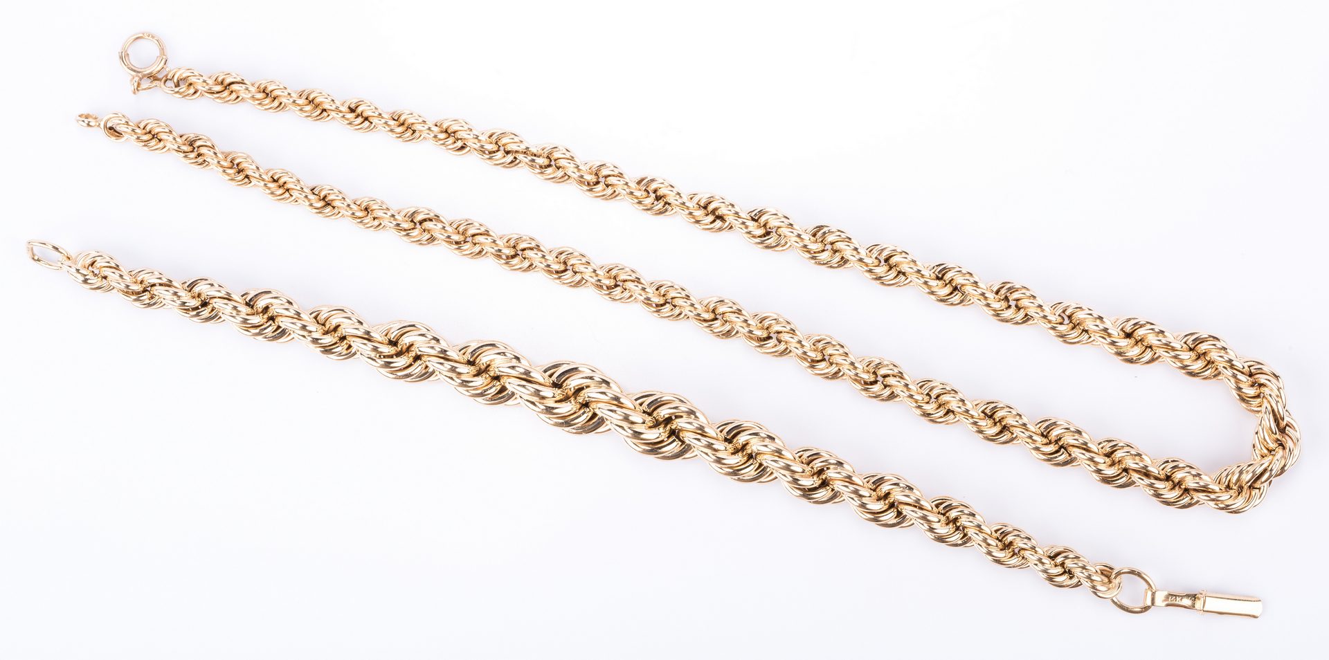 Lot 374: 14K Rope Chain and Bracelet. 38.6 grams, 2 items