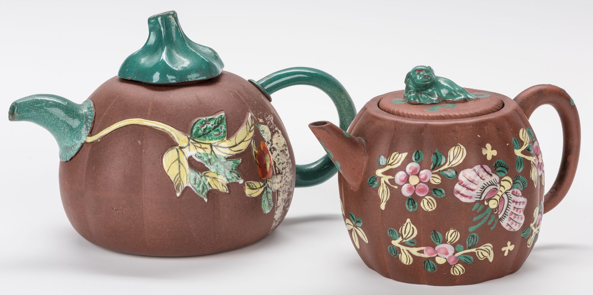 Lot 38: 5 Chinese Yixing Teapots w/ Enameled Decoration