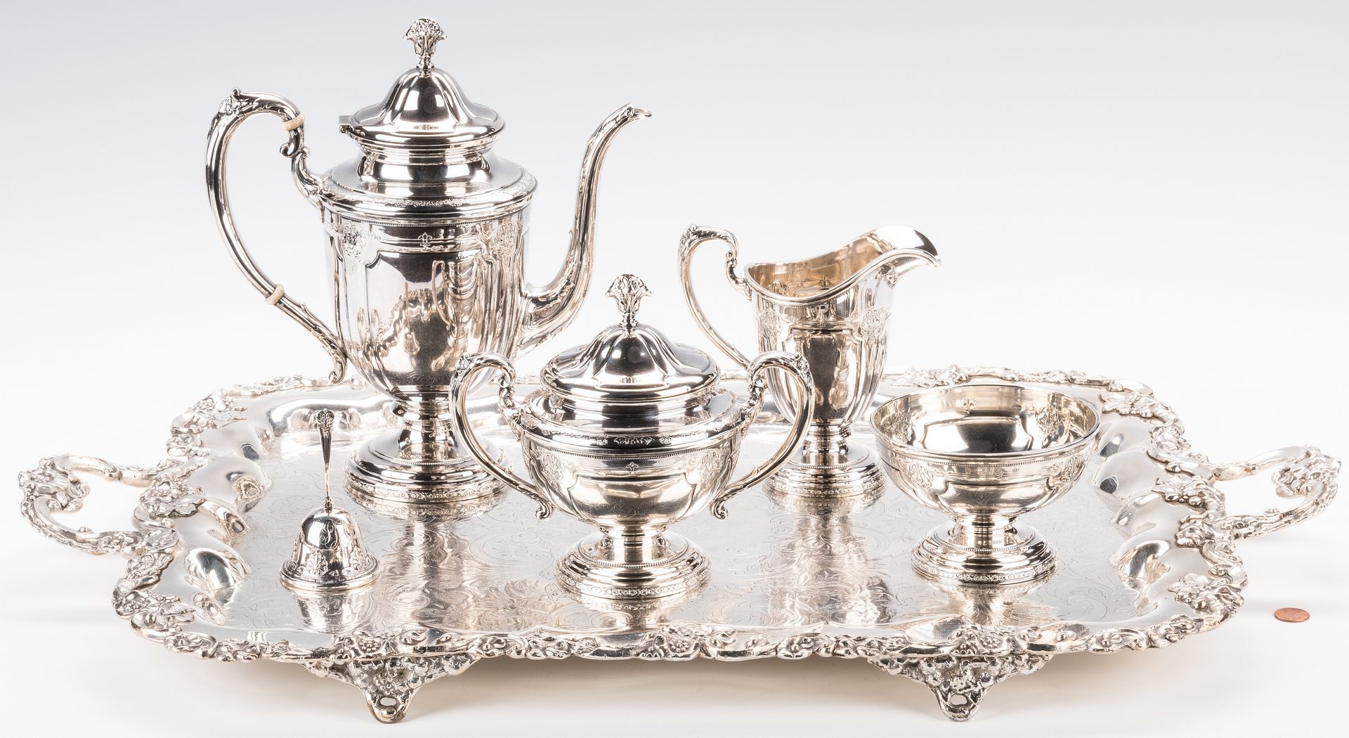 Lot 396: Towle sterling tea set, Royal Windsor, with bell and tray