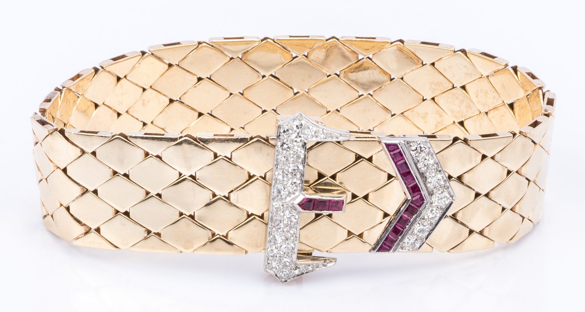 Lot 48: Art Deco Buckle Bracelet, 14K Ruby, Diamonds