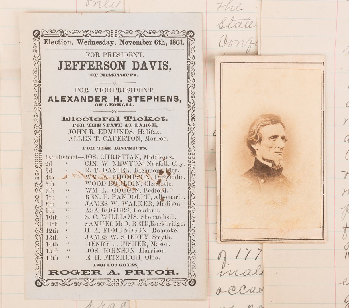 Lot 511: 3 Jefferson Davis Items, inc. Electoral Ticket