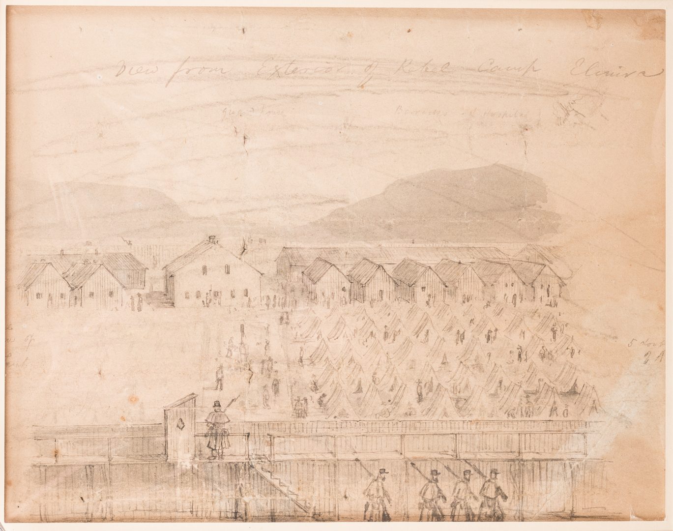 Lot 521: Civil War Prison Sketches and letter, 4 items