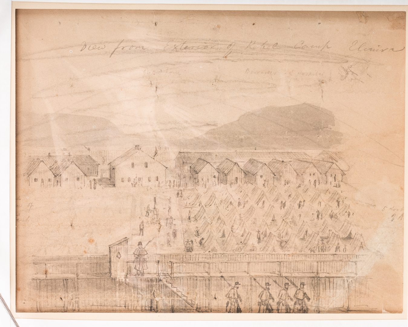 Lot 521: Civil War Prison Sketches and letter, 4 items