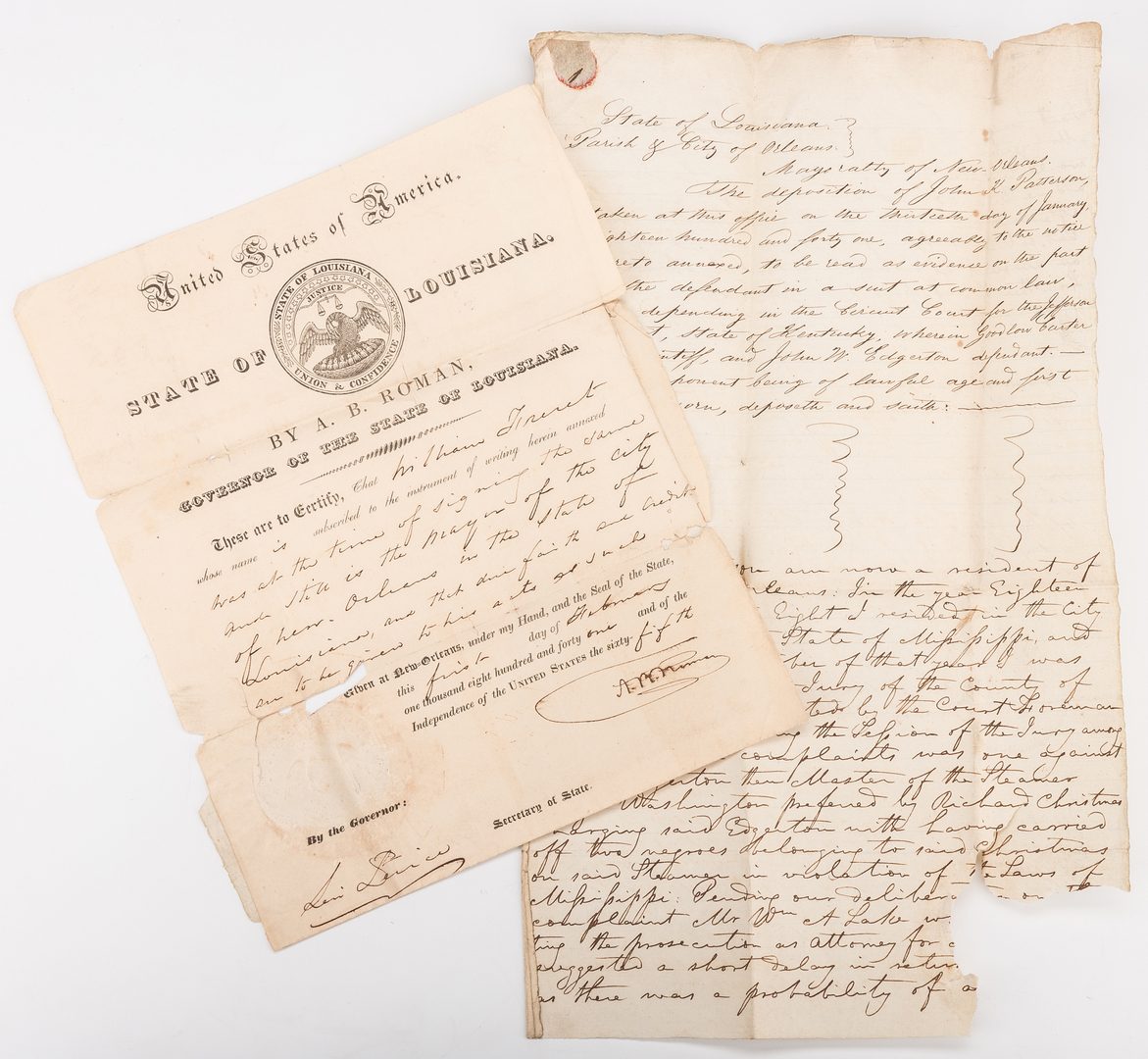 Lot 524: 2 Louisiana Documents, inc. Gov. A.B. Roman and Mayor Wm. Freret, Slave Case