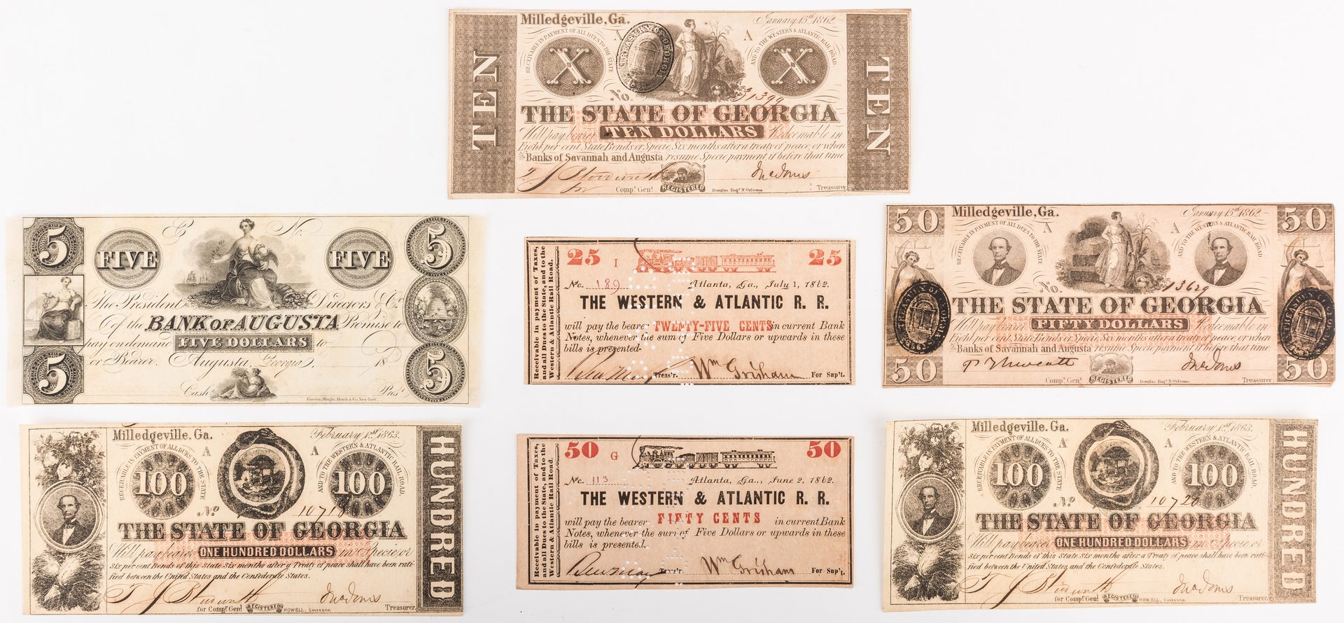 Lot 527: 7 GA Bills, inc. Confederate, Western-Atlantic