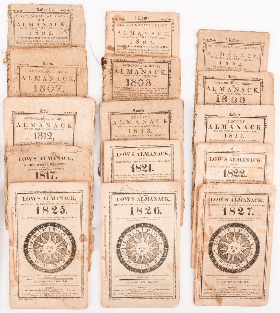 Lot 545: 25 Low's Almanacks, 1800-17, 1821-27