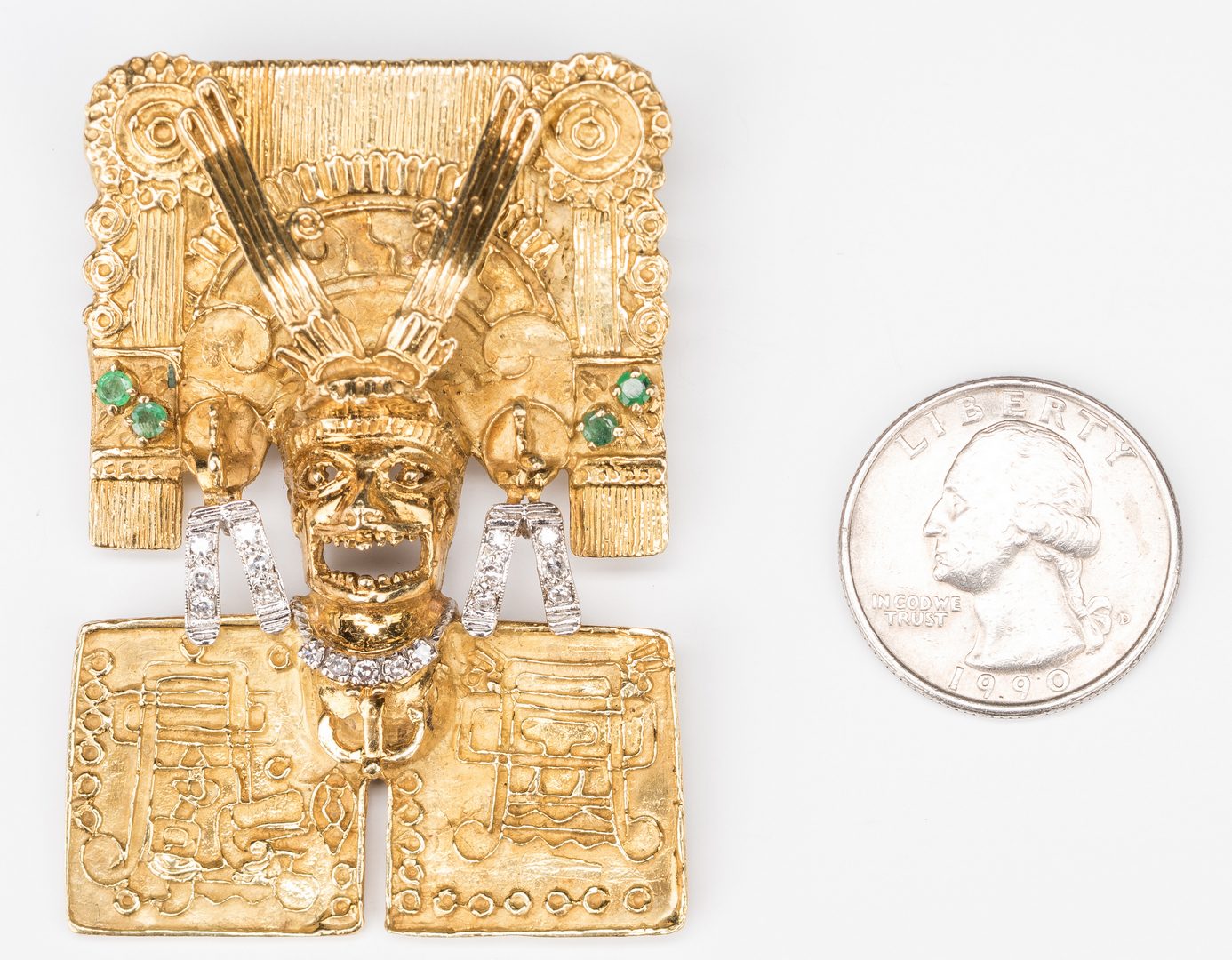 Lot 58: 18K Jeweled Aztec Pin/Enhancer, 49.8 grams