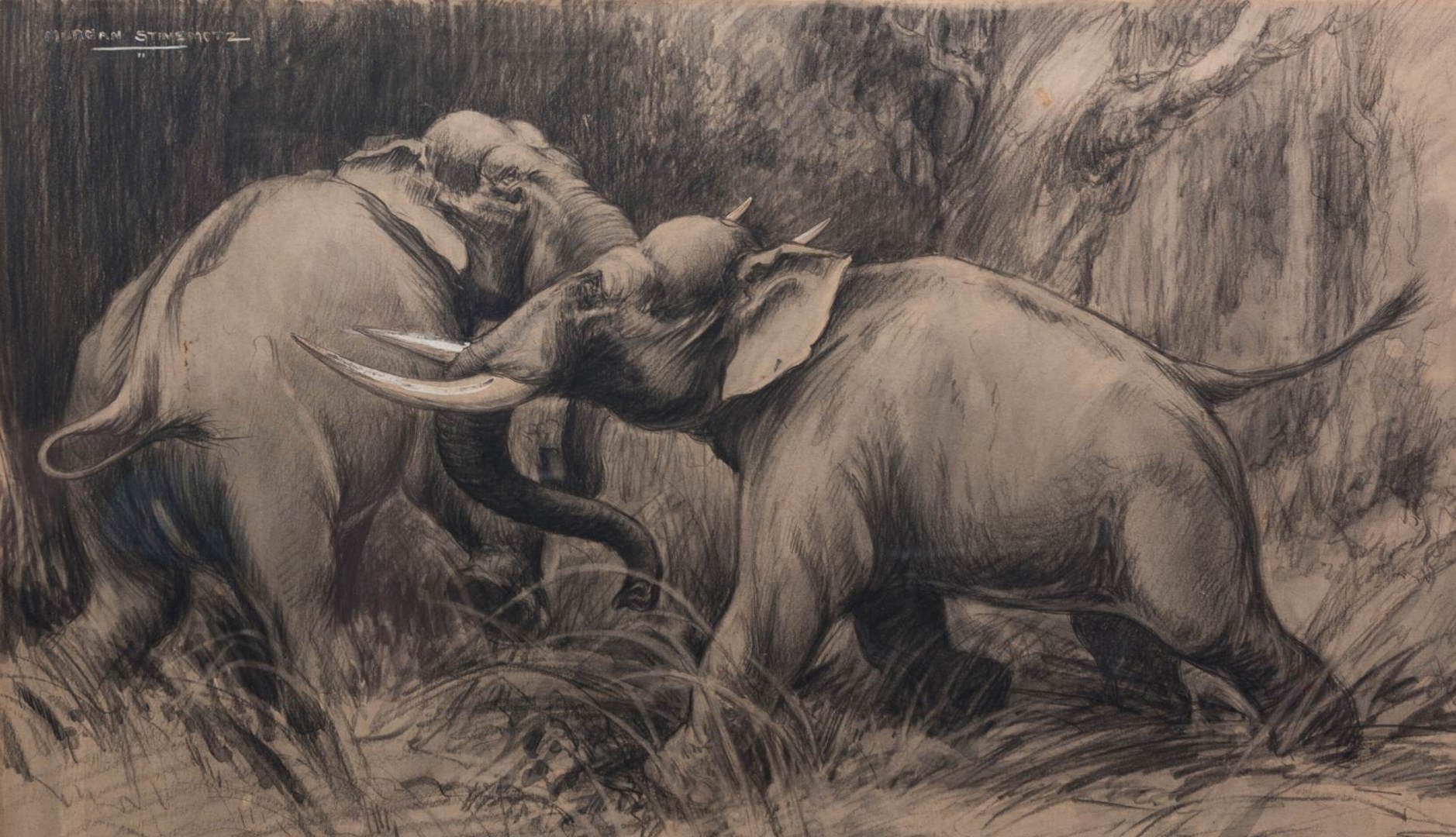 Lot 610: 2 Morgan Stinemetz drawings, ostrich and elephants