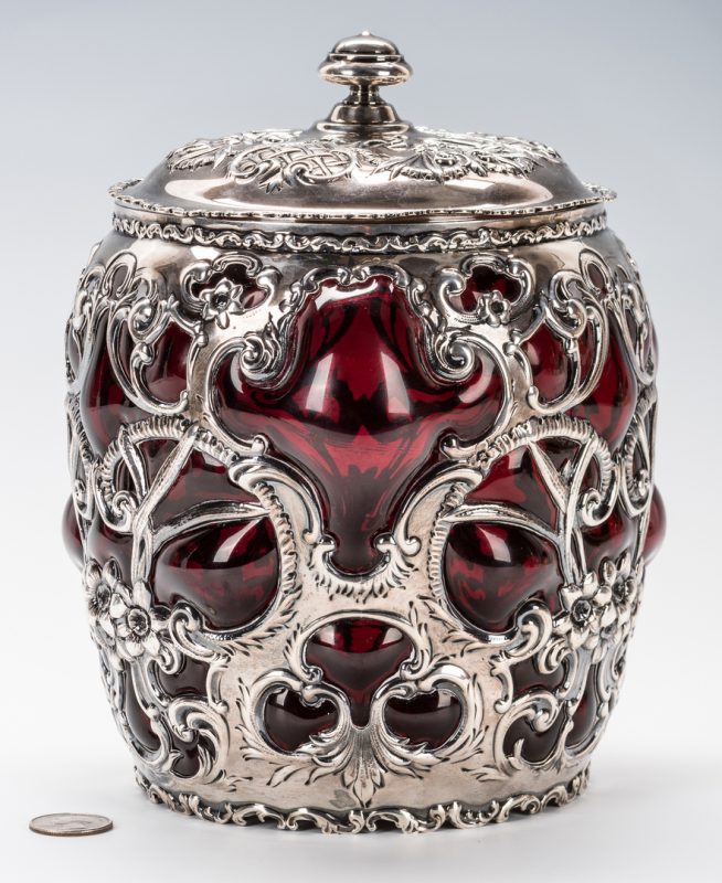 Lot 62: Whiting Sterling Overlay Humidor or Biscuit Jar with Red Art Glass