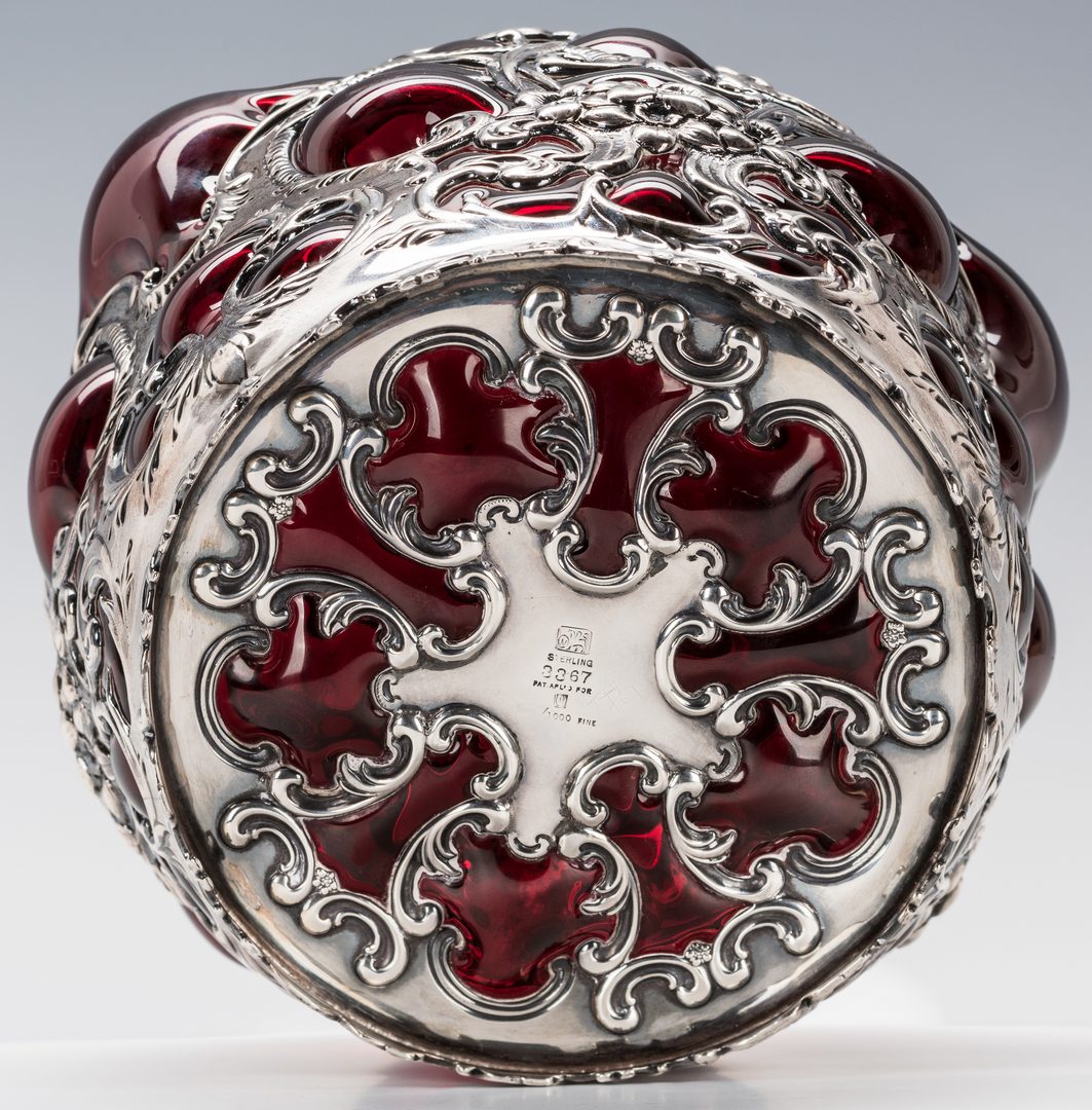 Lot 62: Whiting Sterling Overlay Humidor or Biscuit Jar with Red Art Glass