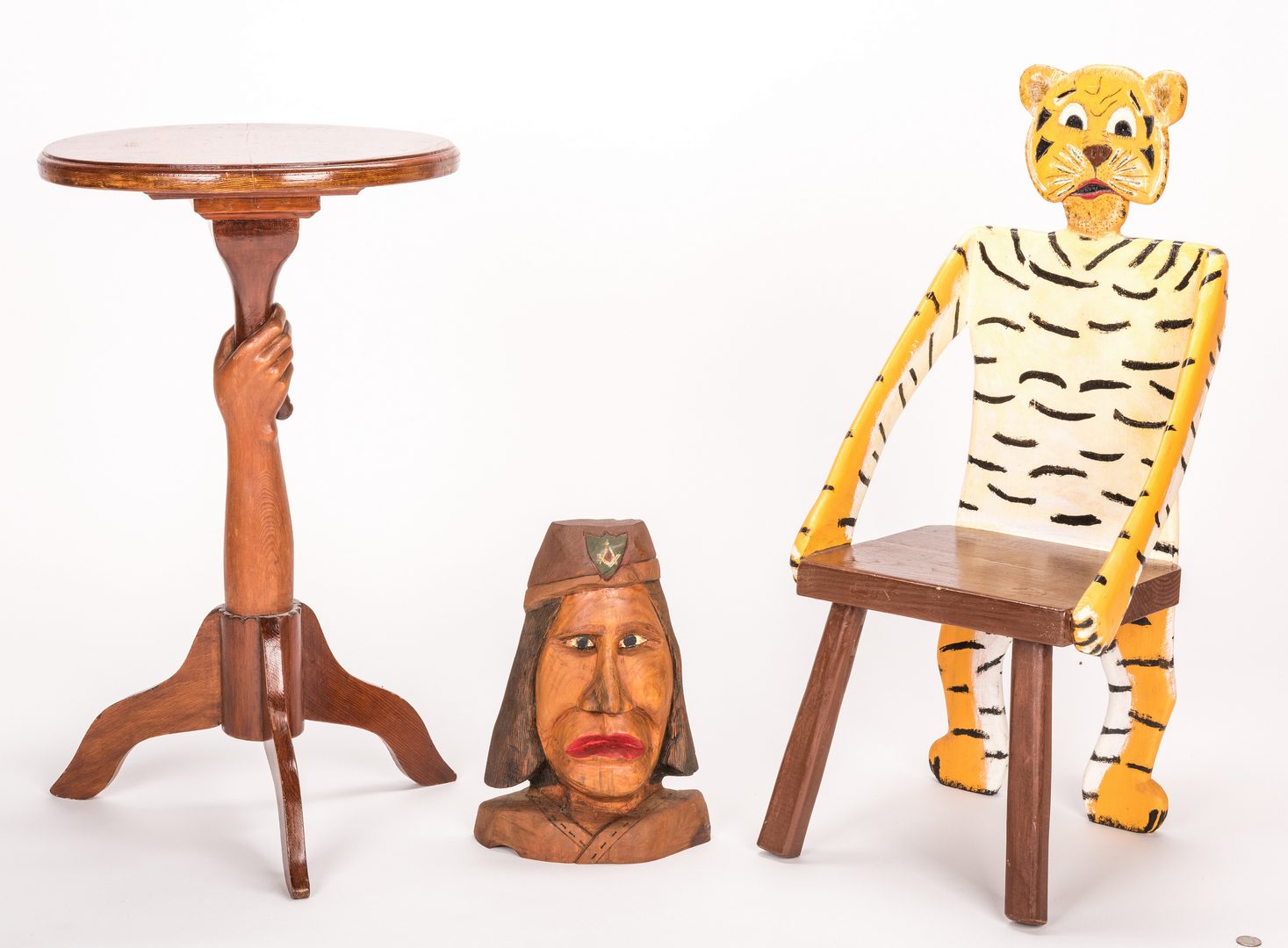 Lot 669: Pugh Tiger Chair & Indian Carving + Folk Art Table, 3 items