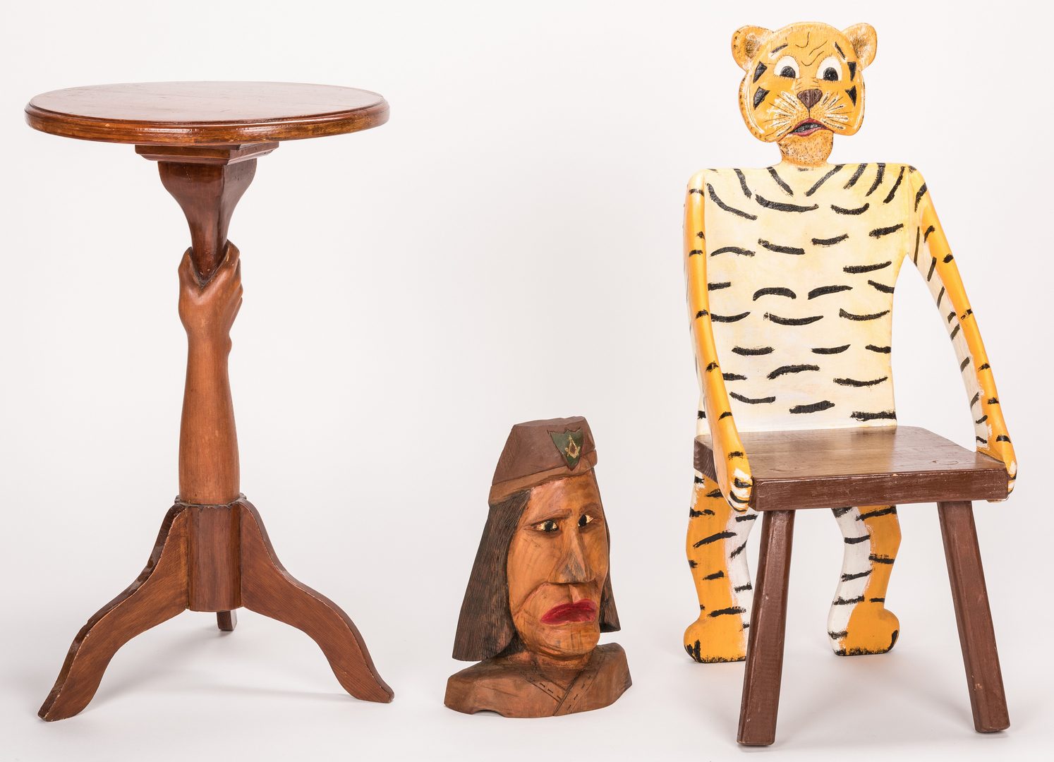 Lot 669: Pugh Tiger Chair & Indian Carving + Folk Art Table, 3 items