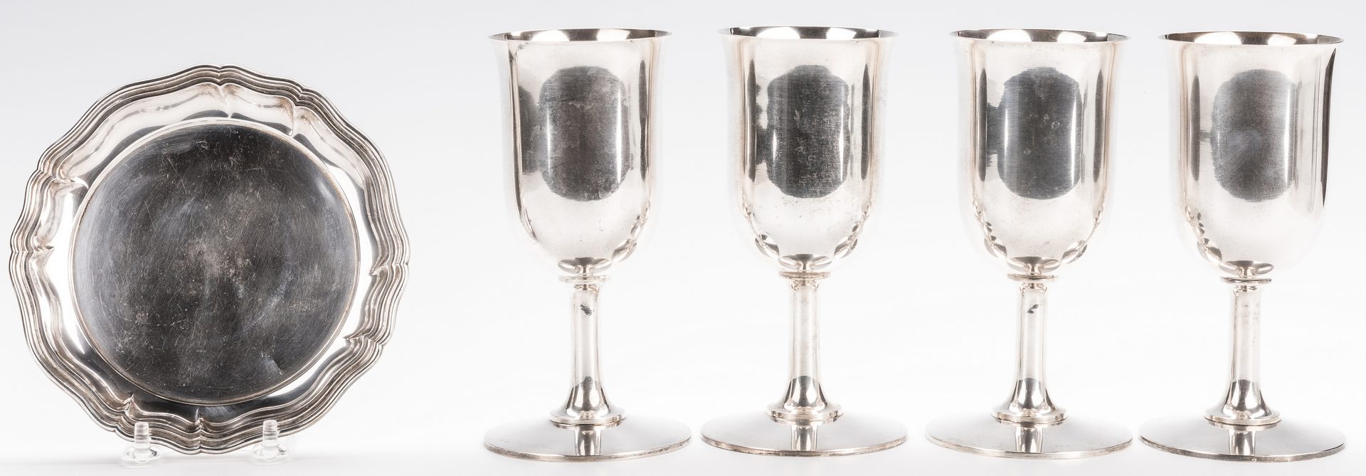 Lot 711: Set 4 German Silver Goblets and Dish
