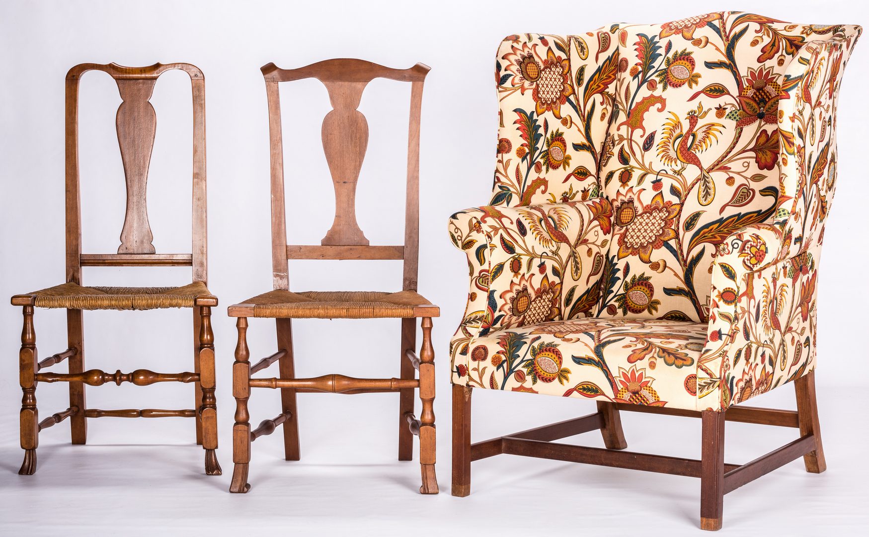 Lot 724: 2 Queen Anne Chairs & Hepplewhite Wing Chair