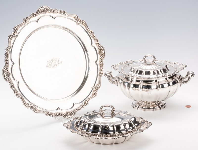 Lot 72: 3 pcs Gorham Sterling Hollowware inc. tray, tureen and covered dish