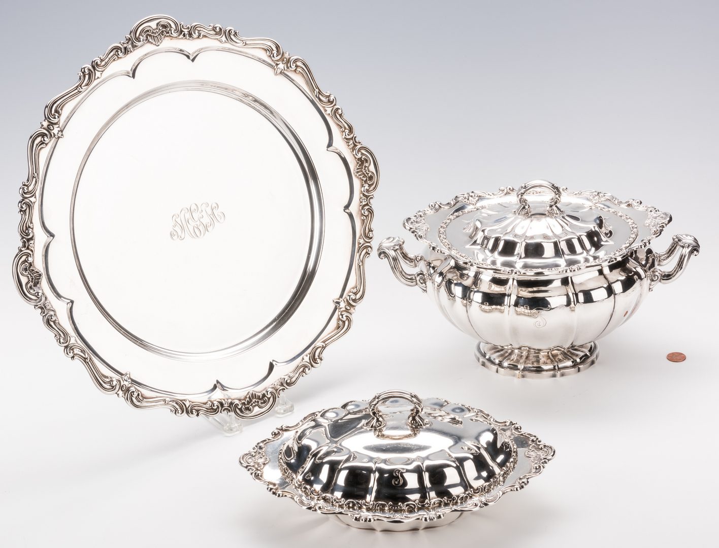 Lot 72: 3 pcs Gorham Sterling Hollowware inc. tray, tureen and covered dish