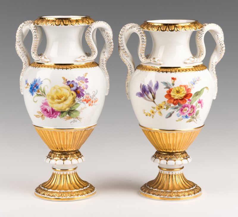 Lot 750: Pr. Meissen Vases w/ Snake Handles