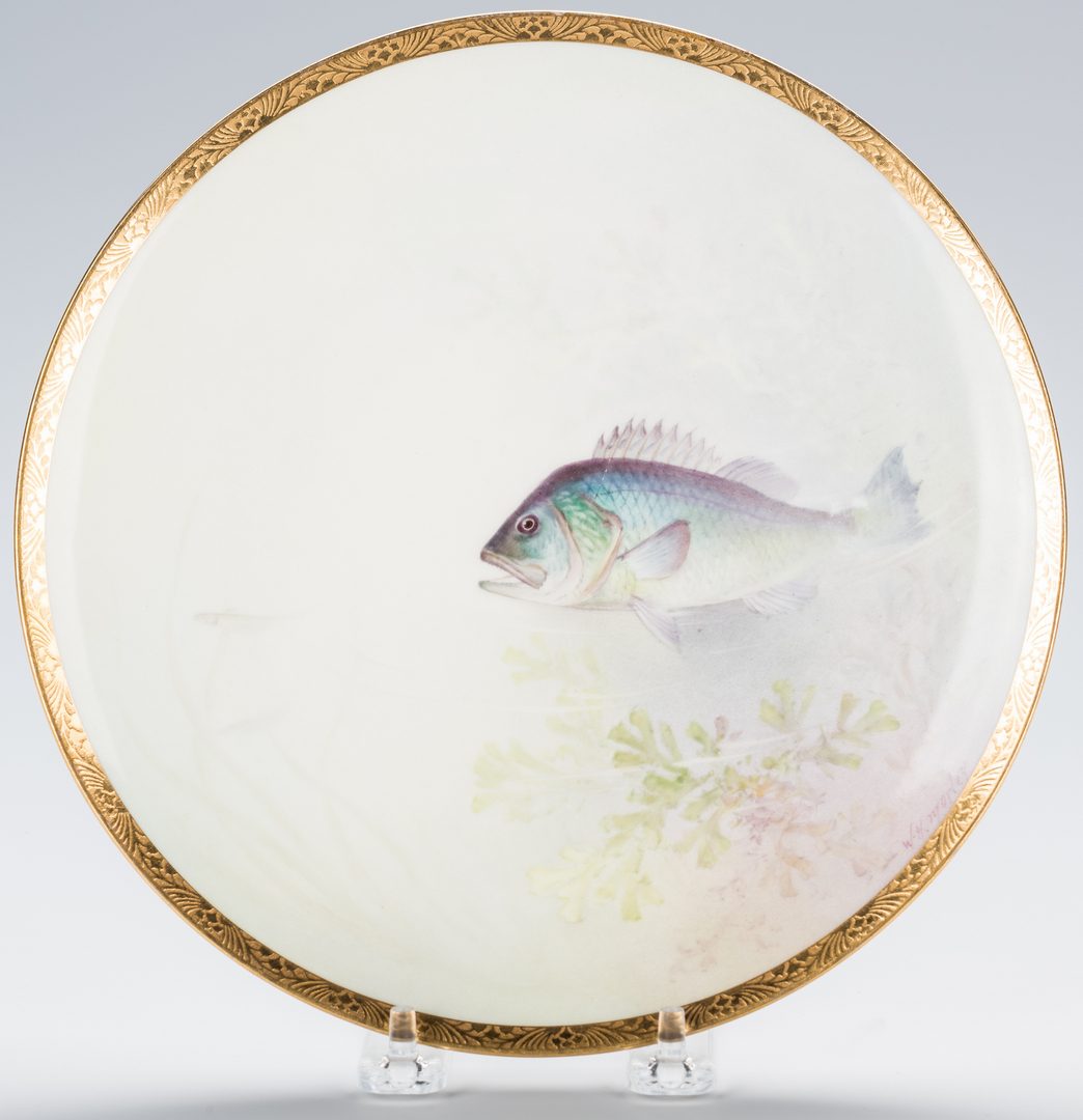 Lot 751: 11 Handpainted Titled Fish Plates plus 6  Menu Holders