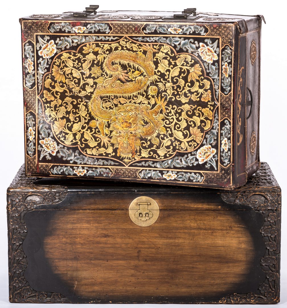 Lot 771: 2 Chinese Trunks, Leather & Wood