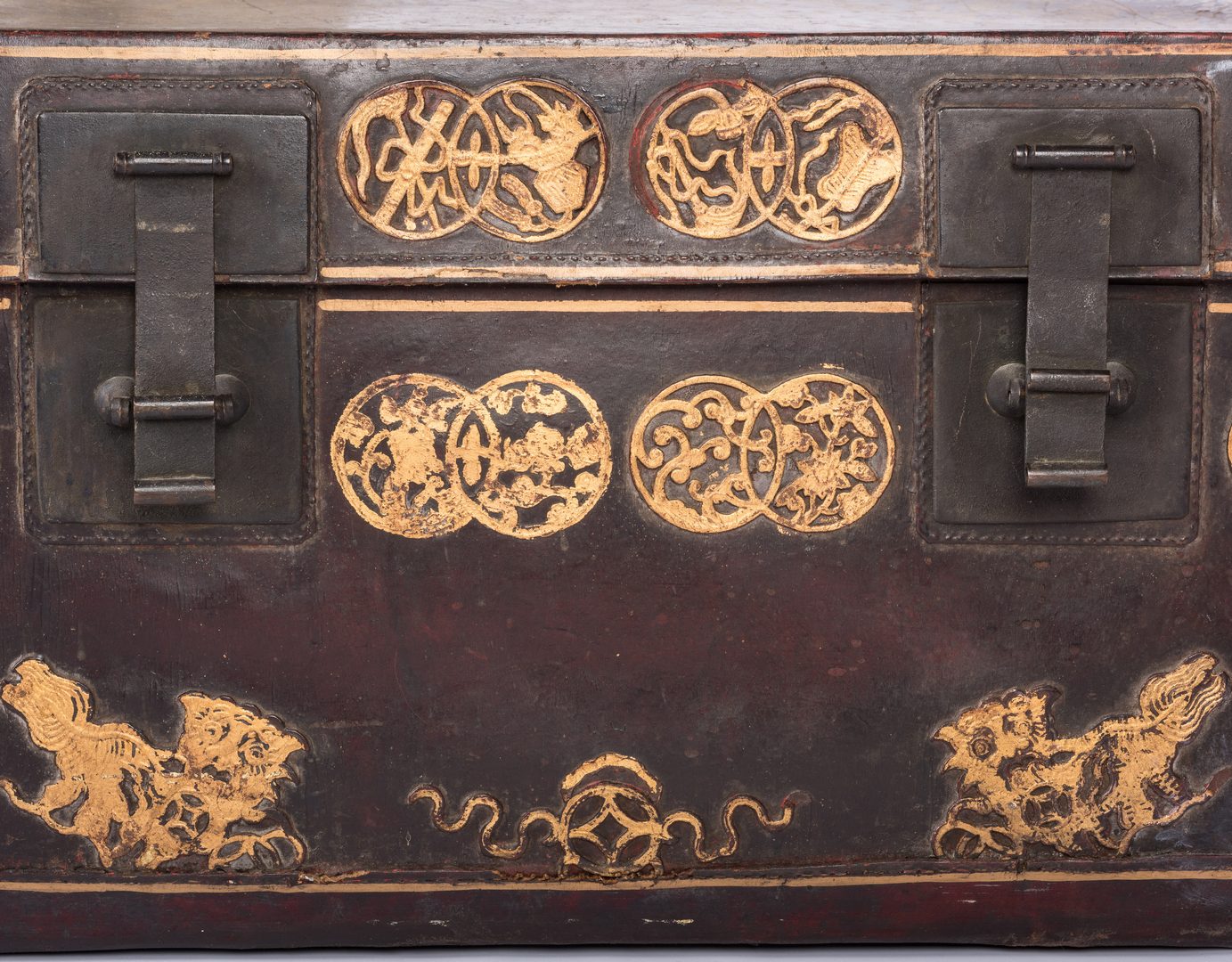 Lot 771: 2 Chinese Trunks, Leather & Wood