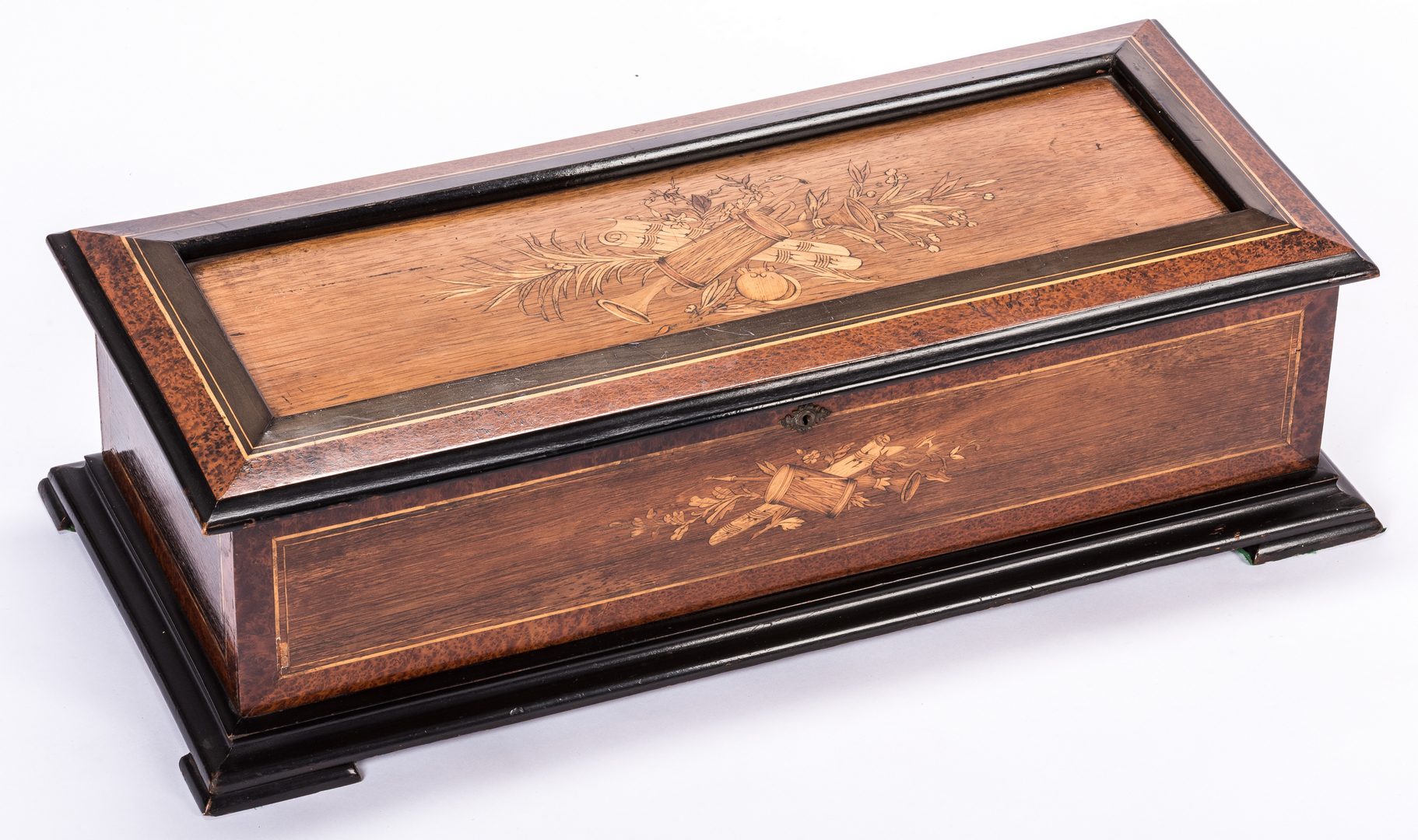 Lot 784: Swiss Cylinder Music Box w/ Marquetry Inlay