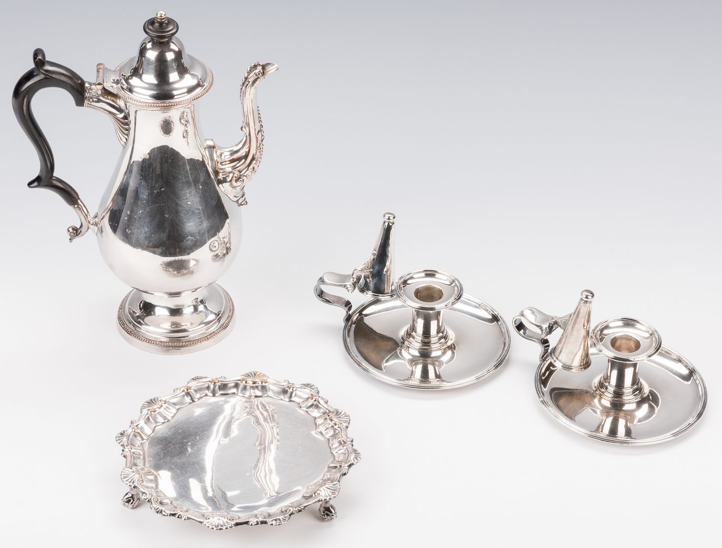 Lot 860: Old Sheffield, inc. Boulton Chambersticks, Coffee Pot and Small Salver