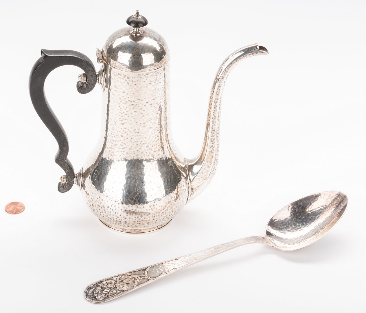 Lot 878: Hand Hammered Sterling Spoon; Choc Pot