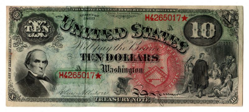 Lot 885: 1869 U.S. $10 "Rainbow Jackass" Legal Tender