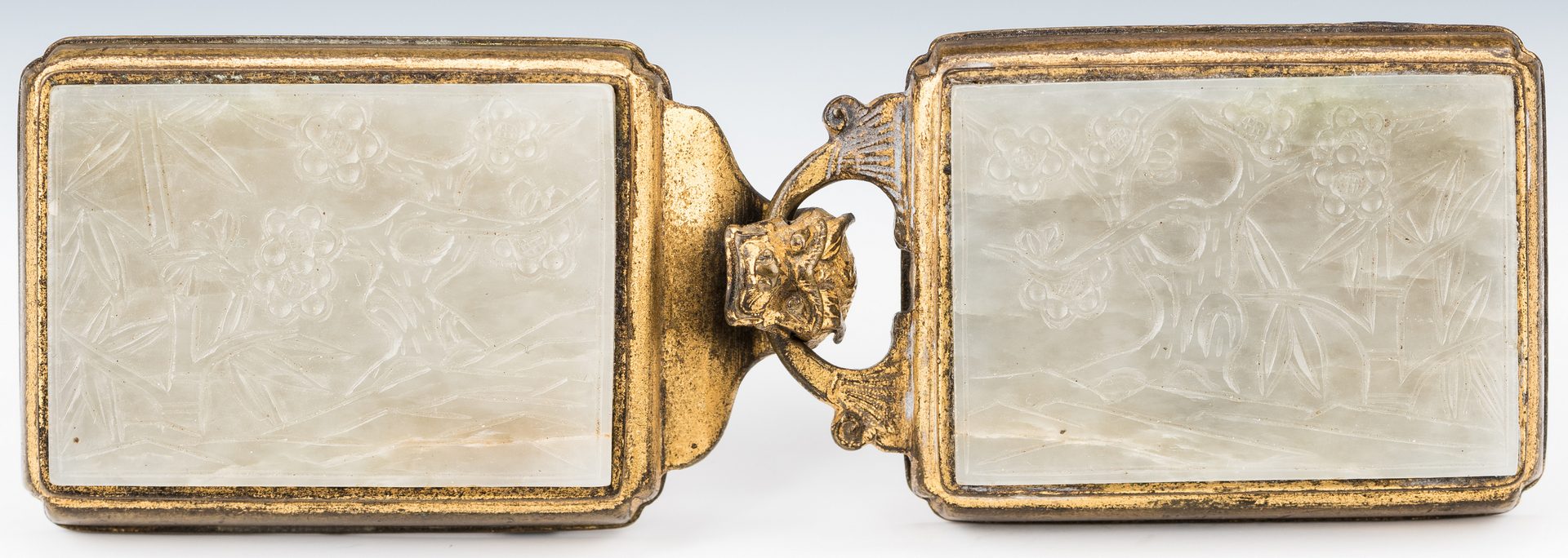 Lot 8: Chinese Carved Jade & Gilt Bronze Belt Ornament