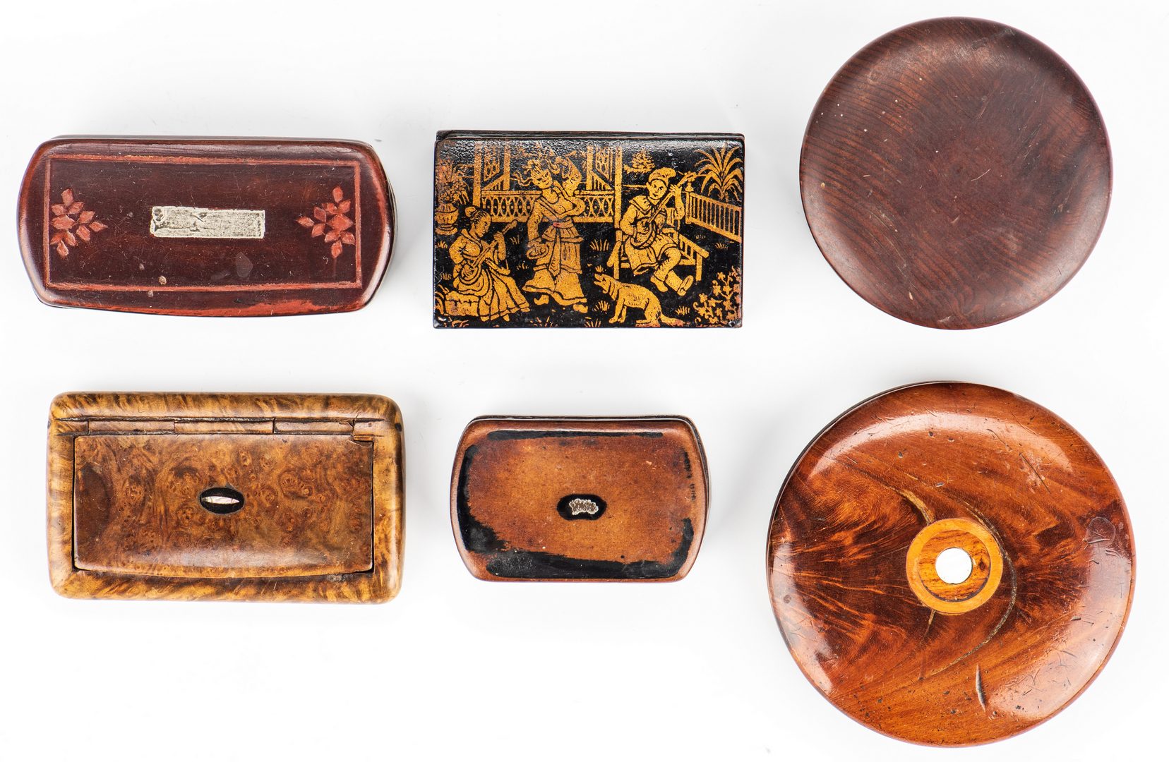 Lot 172: Collection of 6 burlwood snuff boxes