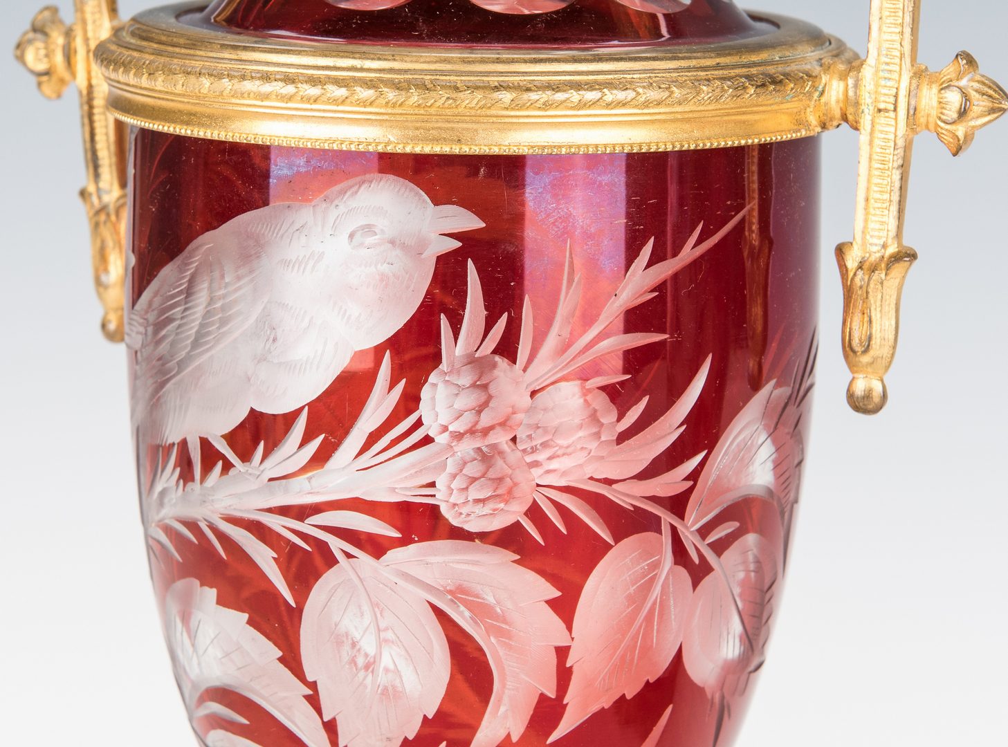 Lot 225: Pr. Cut Ruby Glass Vases w/ Ormolu Mounts