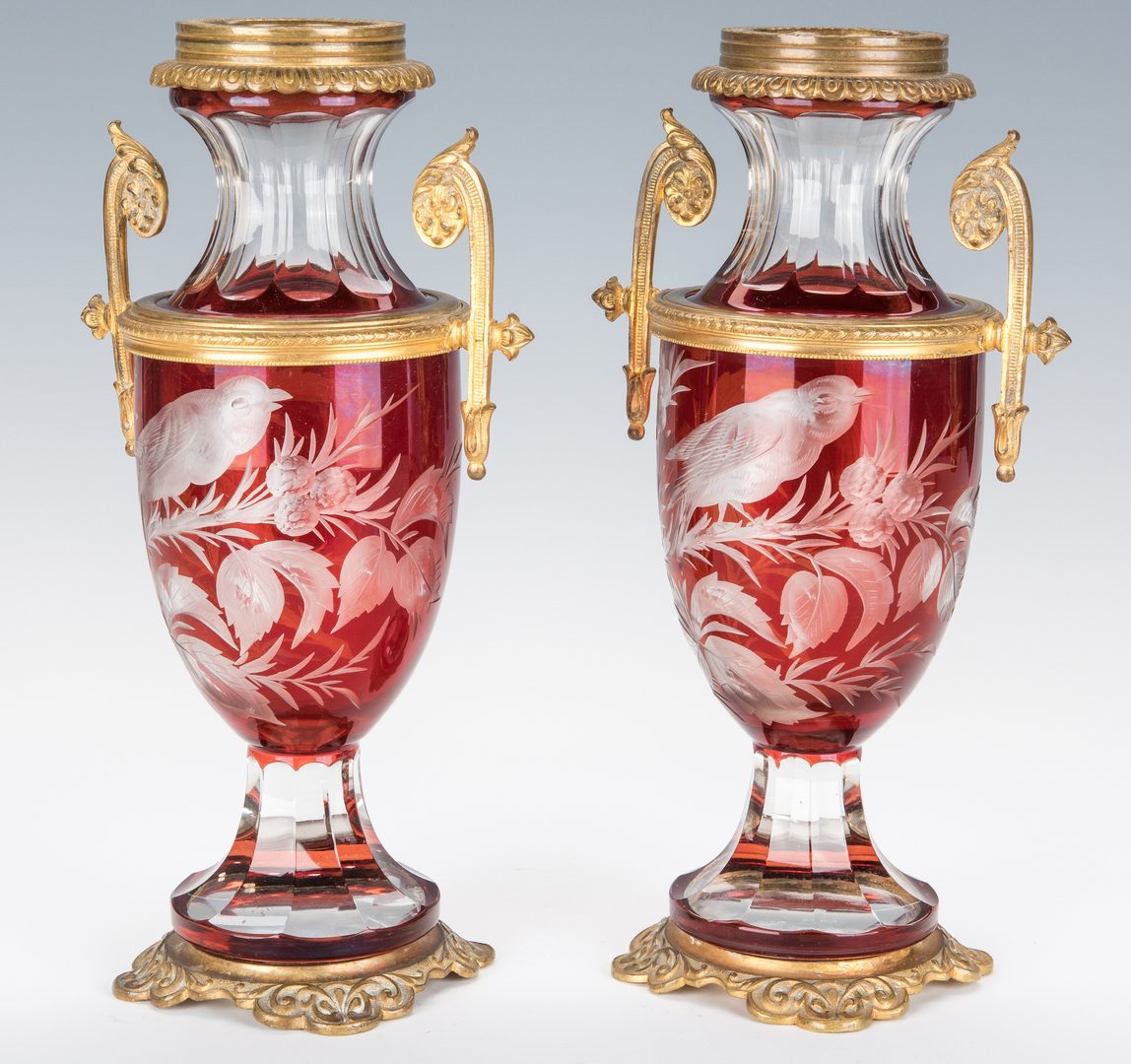 Lot 225: Pr. Cut Ruby Glass Vases w/ Ormolu Mounts