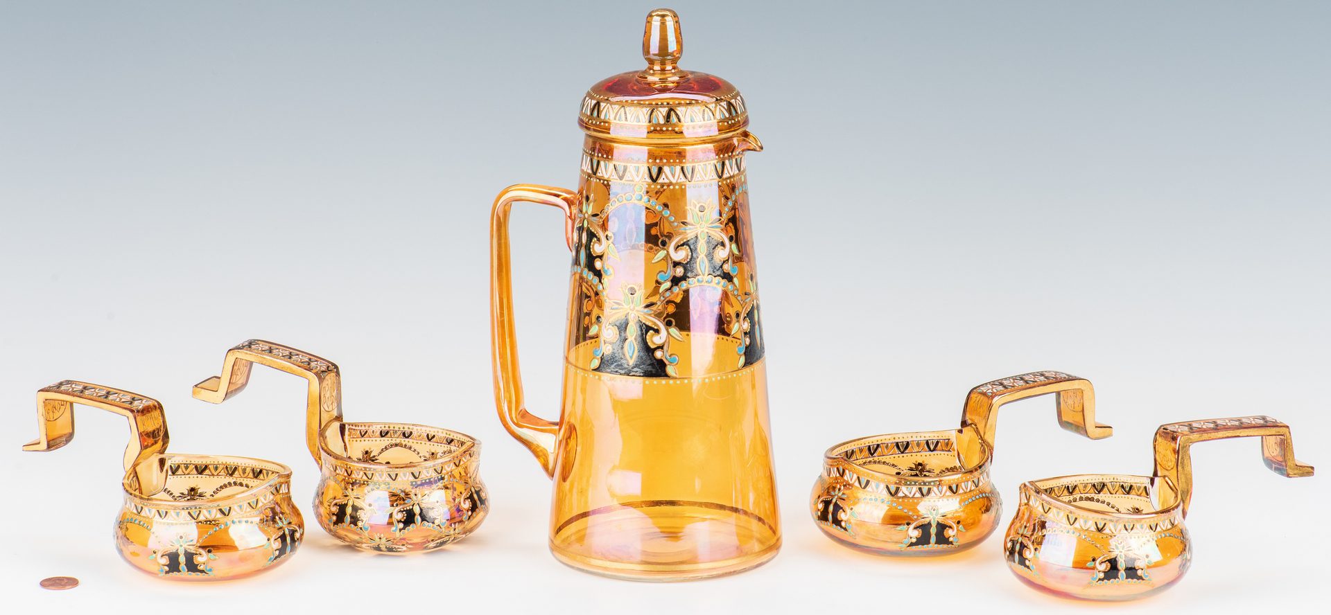 Lot 226: 4 Enameled amber glass Kovschs and pot