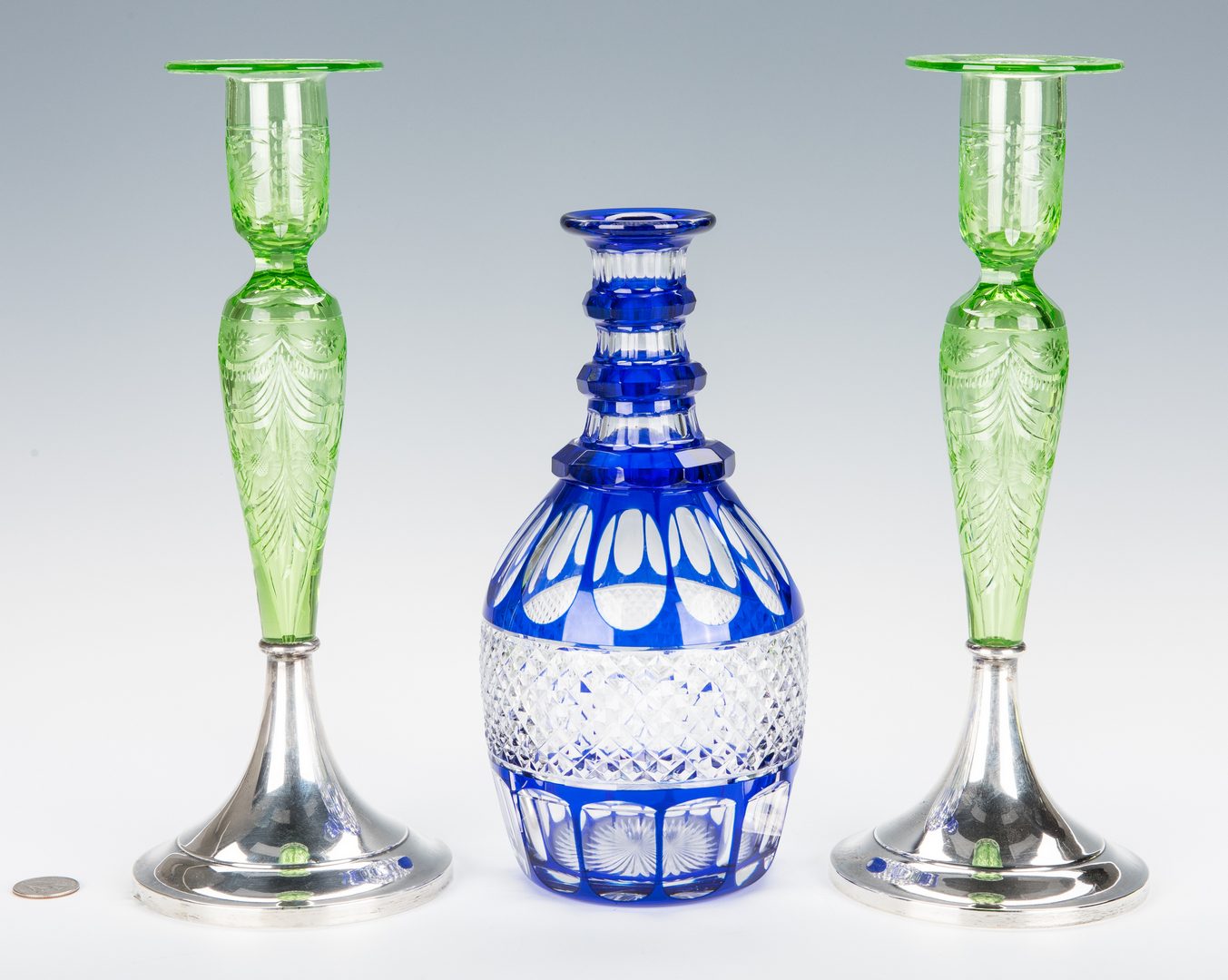 Lot 231: 3 Glass Decorative Items: Candlesticks; Decanter