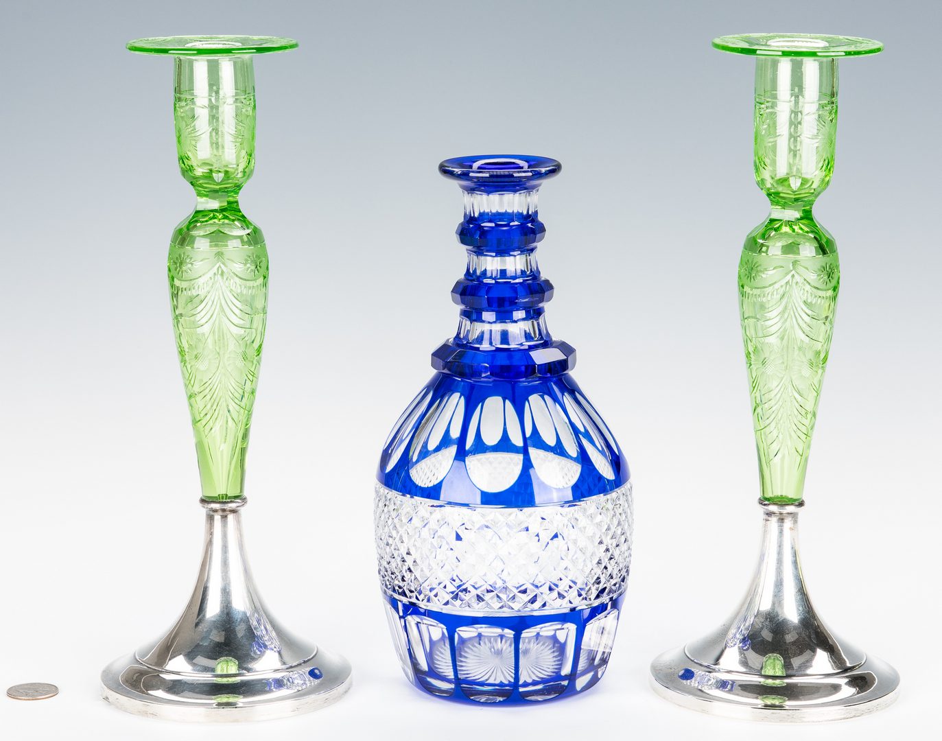 Lot 231: 3 Glass Decorative Items: Candlesticks; Decanter
