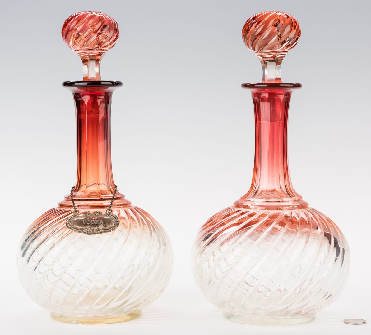 Lot 232: Pr. Baccarat Glass Decanters & Amethyst Pressed Glass Center Bowl