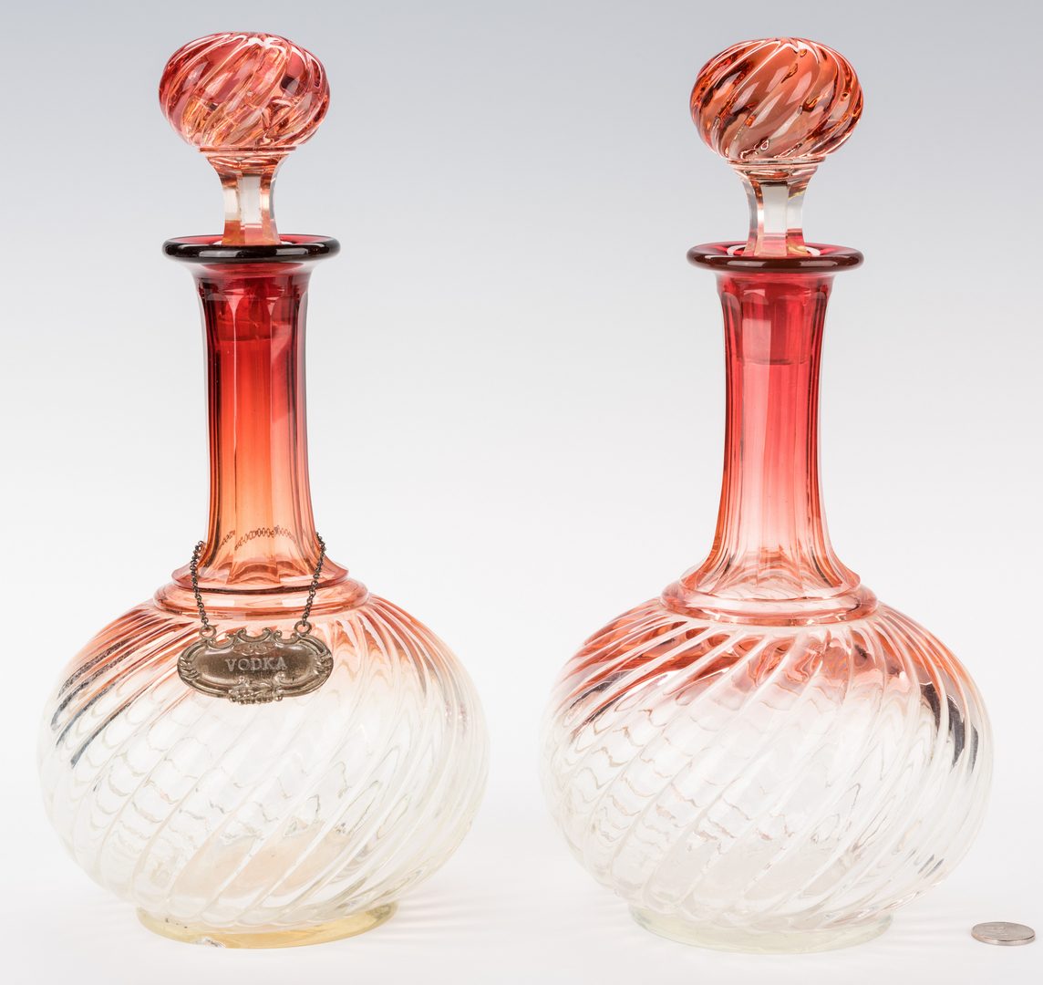 Lot 232: Pr. Baccarat Glass Decanters & Amethyst Pressed Glass Center Bowl