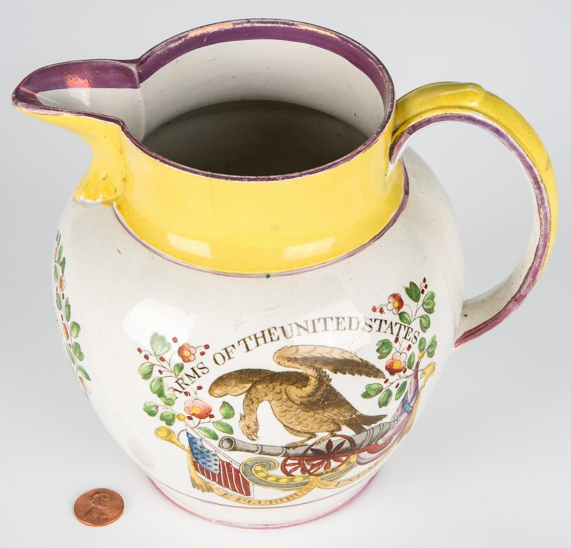 Lot 240: American Polychrome Historical Staffordshire Jug, Arms of the US