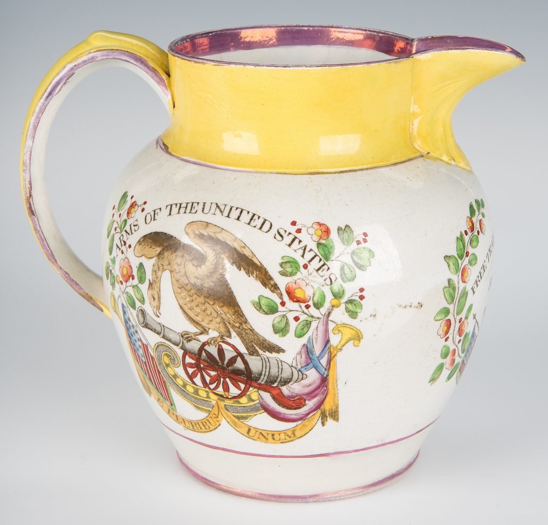 Lot 240: American Polychrome Historical Staffordshire Jug, Arms of the US